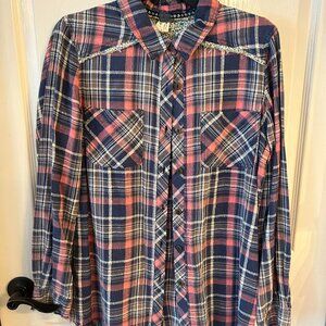Free People We The Free Paneled Pink & Blue Plaid Shirt Size Medium